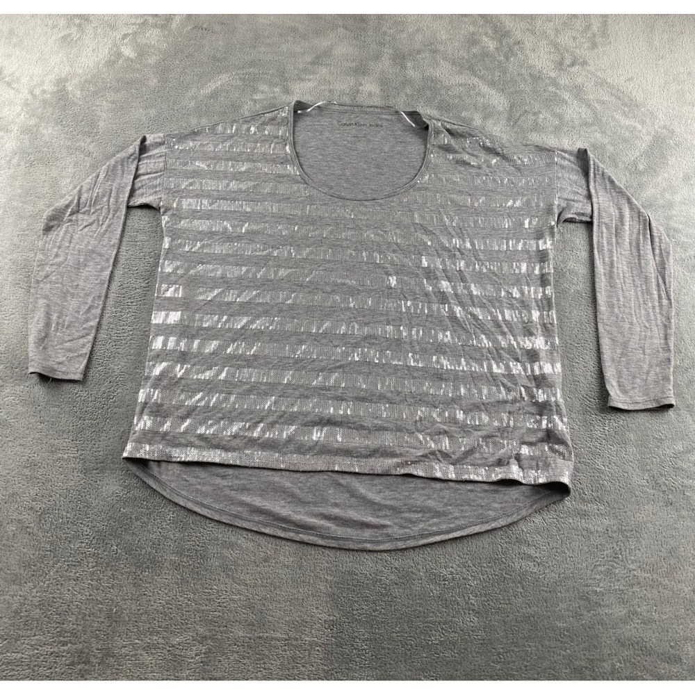 Calvin Klein‎ Jeans Womens Gray Sequin Stripe Long Sleeve Scoop Neck Top Size M
